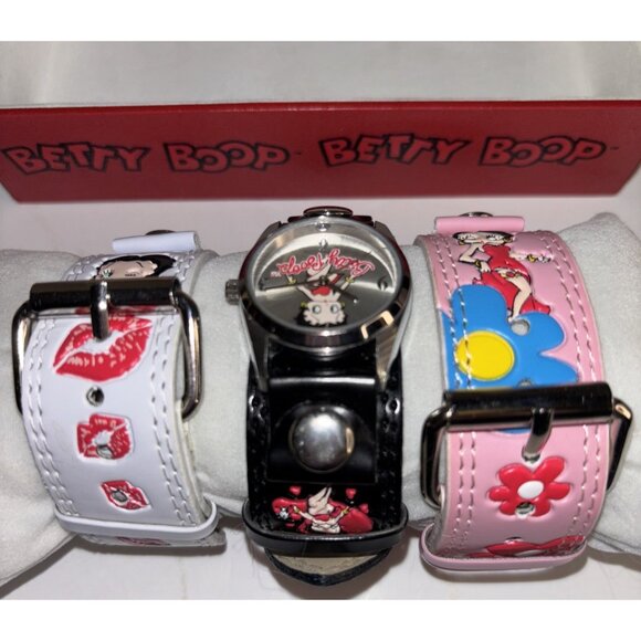 Vintage Betty Boop Watch W/ Leather Band Set of 3 - Pink,White & Black NEW RARE - Picture 13 of 16